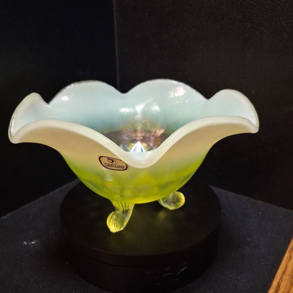 Fenton Topaz Opalescent Stretch Glass Society 3-Footed Bowl Iridescent